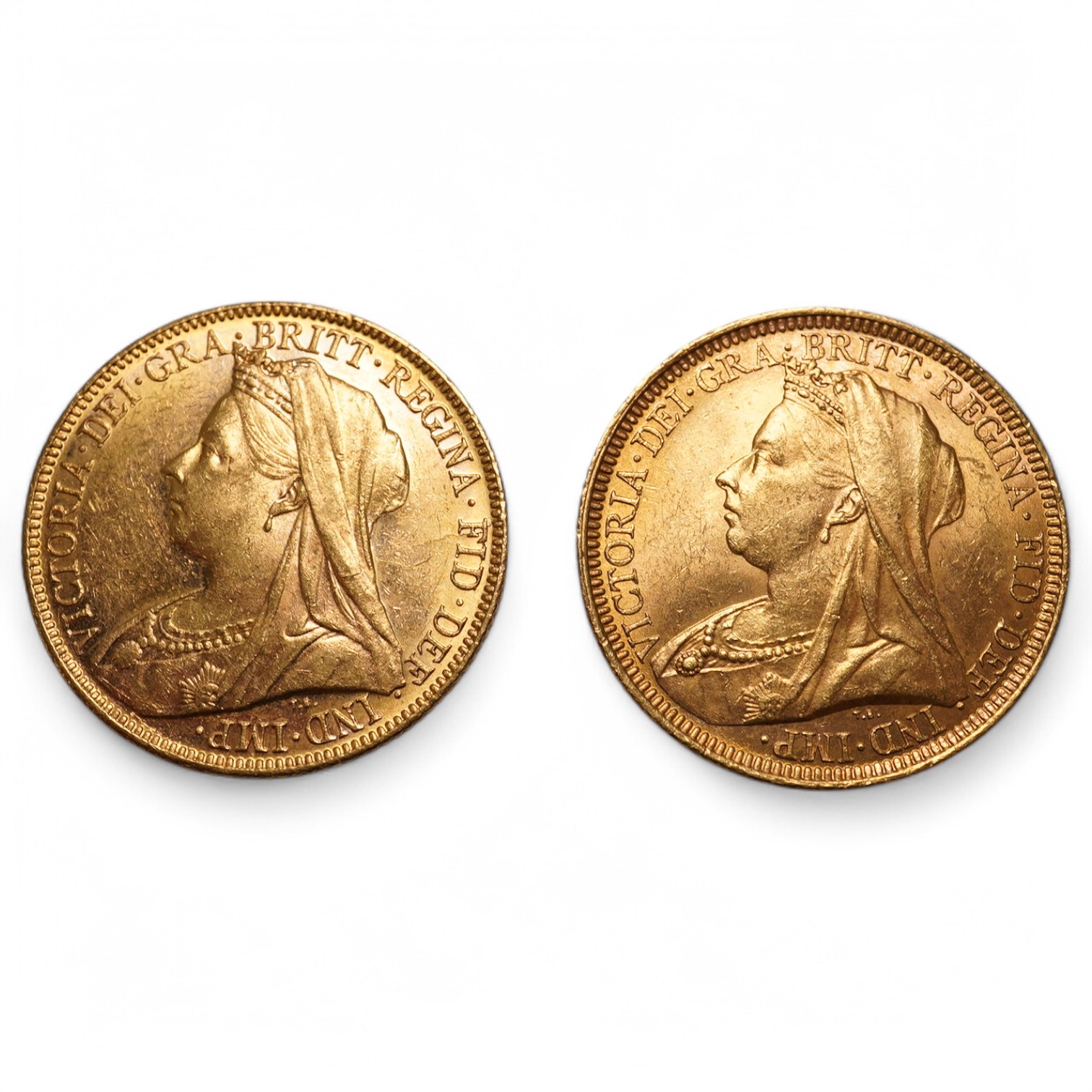 Australia gold coins, Victoria, two gold sovereigns, veiled head, 1893S, near EF, 1899M, good VF